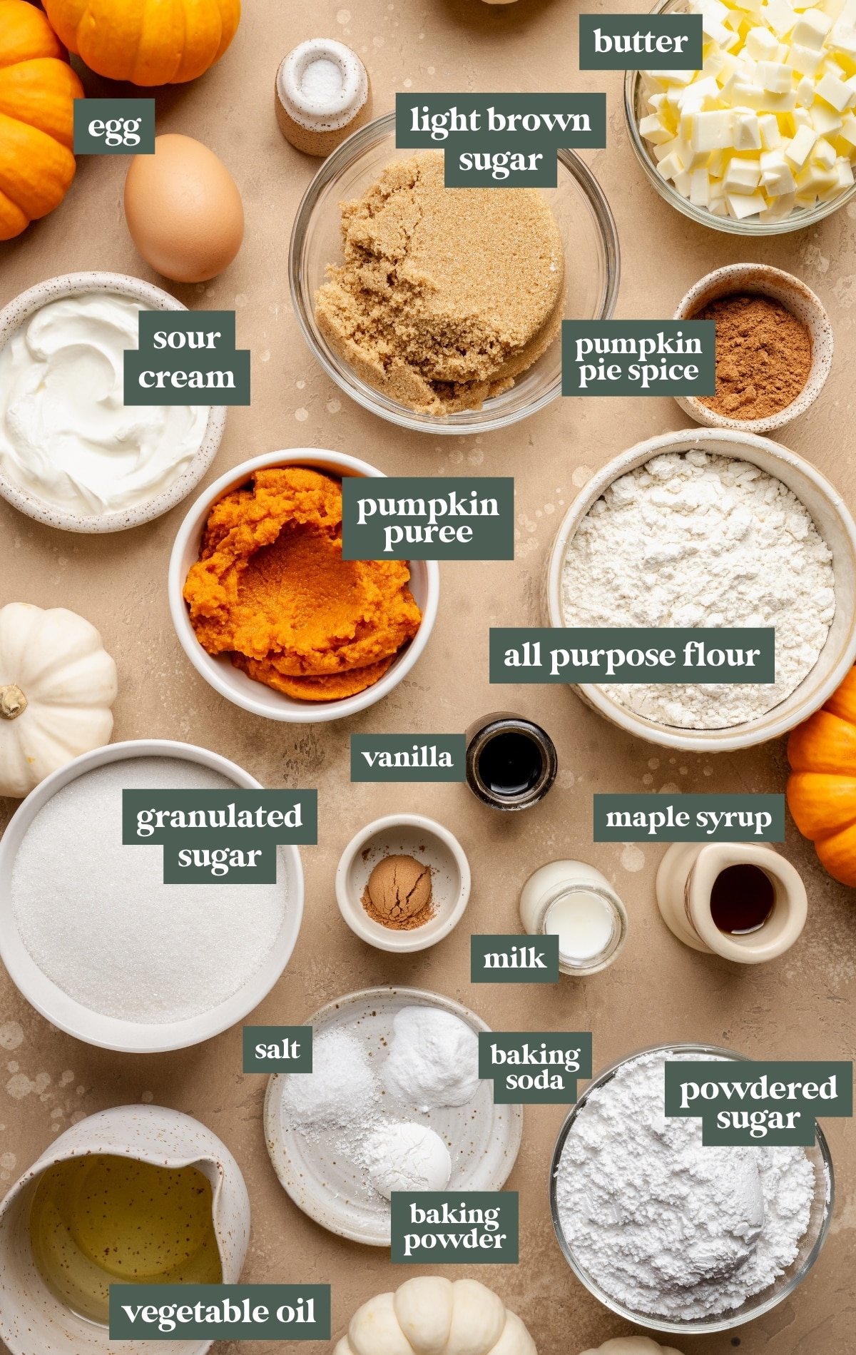 Flat lay of labeled pumpkin coffee cake ingredients on a tan surface. Ingredients include a whole egg, bowl of sour cream, bowl of light brown sugar, cubed butter, small bowl of pumpkin pie spice, pumpkin puree, all-purpose flour, granulated sugar, vanilla extract, maple syrup in a small jug, milk, powdered sugar, vegetable oil, baking soda, baking powder, and salt. Decorative mini pumpkins are scattered around the ingredients.