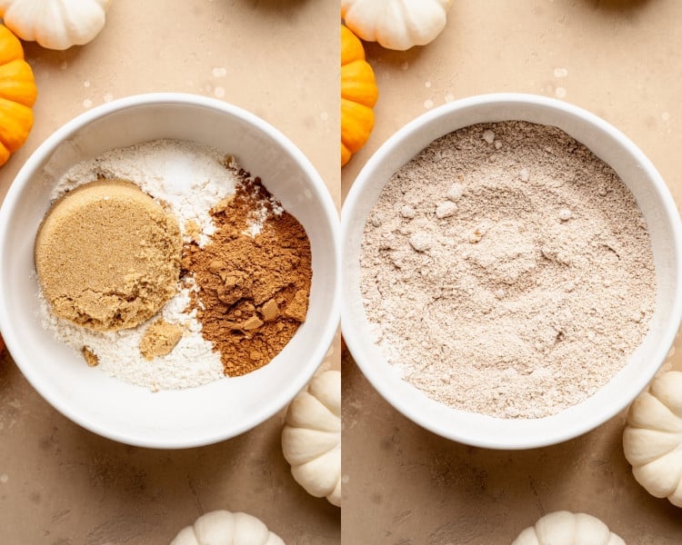 Two side-by-side bowls showing streusel ingredients. On the left: brown sugar, flour, salt, and pumpkin pie spice before mixing. On the right: the same ingredients whisked together into a uniform mixture.