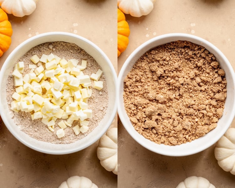 Two bowls of streusel mixture. On the left: cold cubed butter added on top of the dry ingredients. On the right: the mixture after cutting in the butter, crumbly with pea-sized clumps.