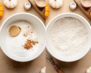 Two bowls of cake dry ingredients. On the left: flour, granulated sugar, brown sugar, baking powder, baking soda, salt, and spice before mixing. On the right: dry ingredients whisked together until fully combined.