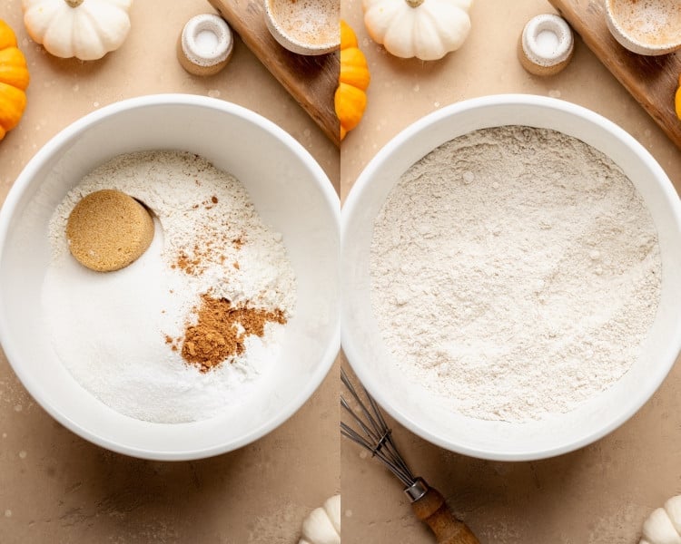 Two bowls of cake dry ingredients. On the left: flour, granulated sugar, brown sugar, baking powder, baking soda, salt, and spice before mixing. On the right: dry ingredients whisked together until fully combined.
