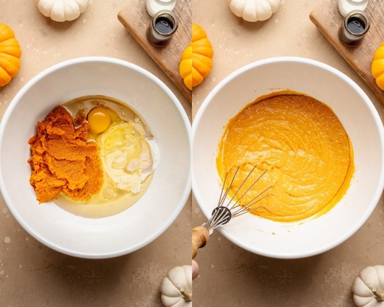 Two bowls of wet ingredients. On the left: pumpkin puree, egg, oil, sour cream, milk, and vanilla before mixing. On the right: wet ingredients whisked together into a smooth orange mixture.