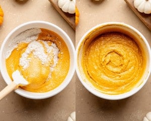 Two bowls of cake batter. On the left: dry ingredients being added into the pumpkin mixture. On the right: the cake batter fully mixed into a smooth, thick consistency.