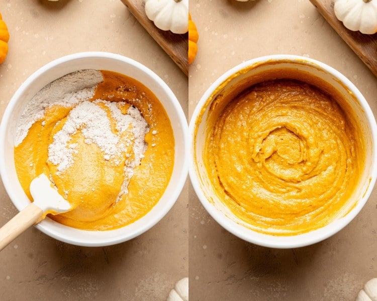 Two bowls of cake batter. On the left: dry ingredients being added into the pumpkin mixture. On the right: the cake batter fully mixed into a smooth, thick consistency.