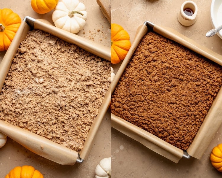 Two baking pans side by side. On the left: streusel topping sprinkled over the cake before baking. On the right: the cake after baking, streusel topping golden brown and crisp.