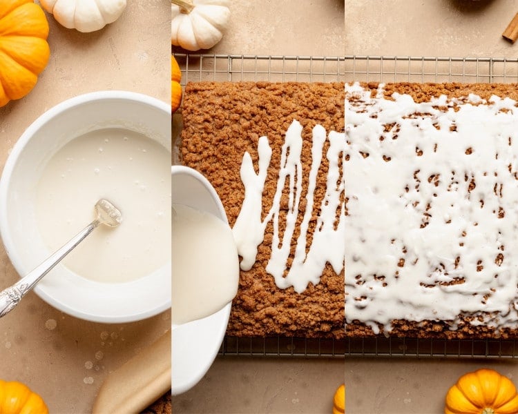 Three photos of the maple glaze process. Left: bowl of smooth glaze with a spoon. Middle: glaze being poured in ribbons over the baked coffee cake. Right: cake fully drizzled and covered with glaze.