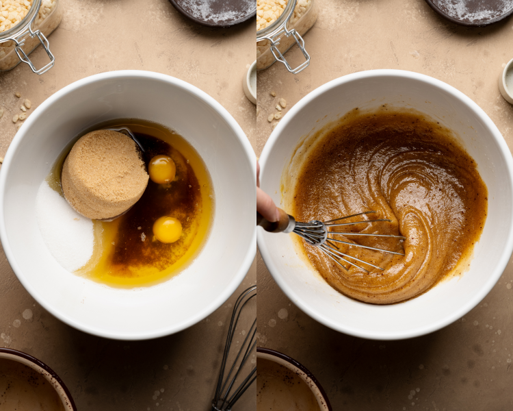 Side-by-side image of adding wet ingredients to brown butter and mixing until combined.