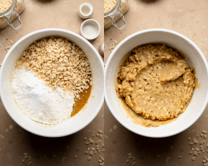 Side-by-side image of adding dry ingredients to wet ingredients and mixing until just combined.