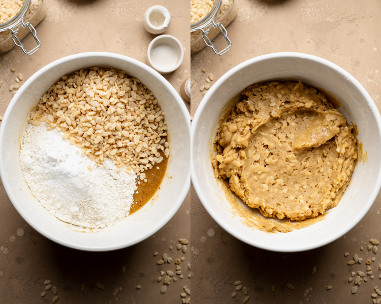 Side-by-side image of adding dry ingredients to wet ingredients and mixing until just combined.