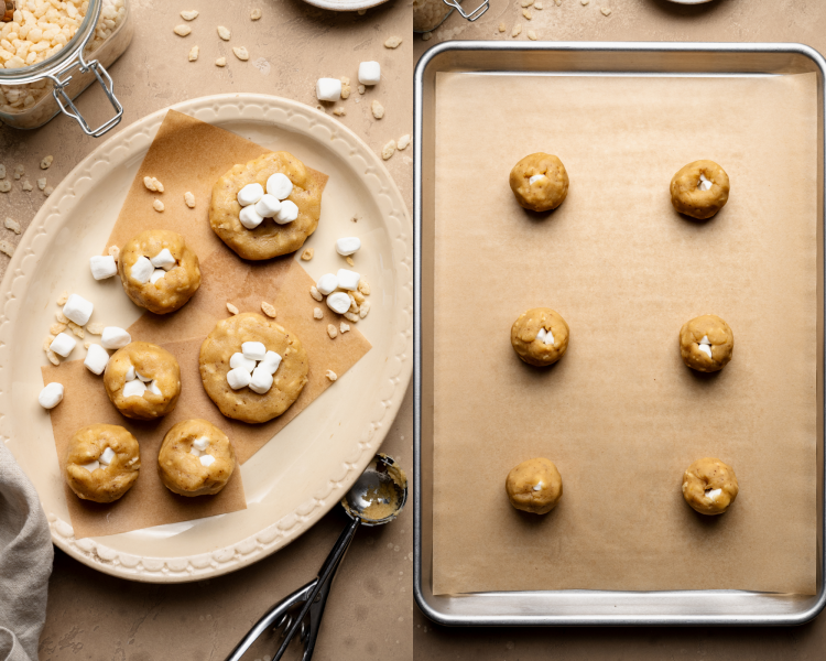 Side-by-side image of adding marshmallows into cookie dough and wrapping dough around them then adding to prepared baking sheet.
