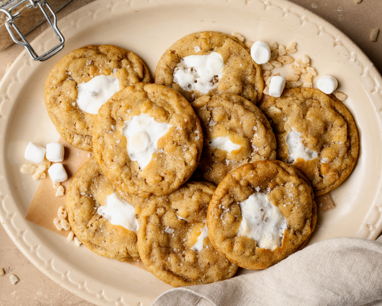Baked rice krispie cookies on serving platter.