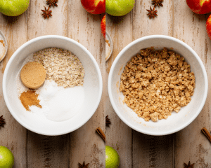 Side-by-side of adding all the oat topping ingredients to a mixing bowl them mixing until combined.