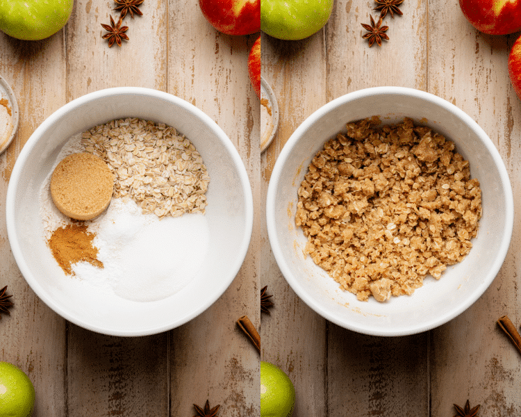 Side-by-side of adding all the oat topping ingredients to a mixing bowl them mixing until combined.