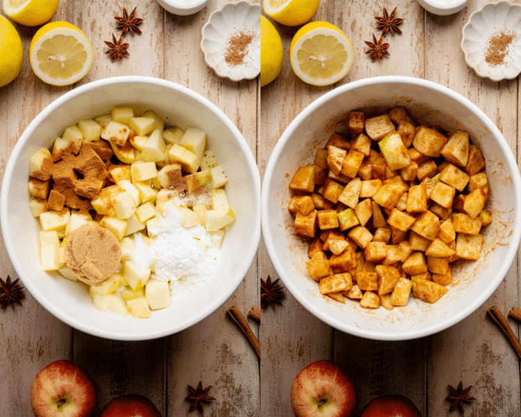Side-by-side of adding all the apple ingredients to a mixing bowl and stirring until apples are covered.