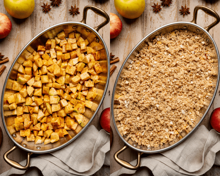 Side-by-side image of apples added to baking dish then oat topping spread on top before baking.