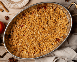 Apple crisp baked in baking dish.
