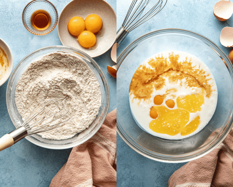 Side-by-side image of whisking dry ingredients together and whisking the wet ingredients in a separate bowl.