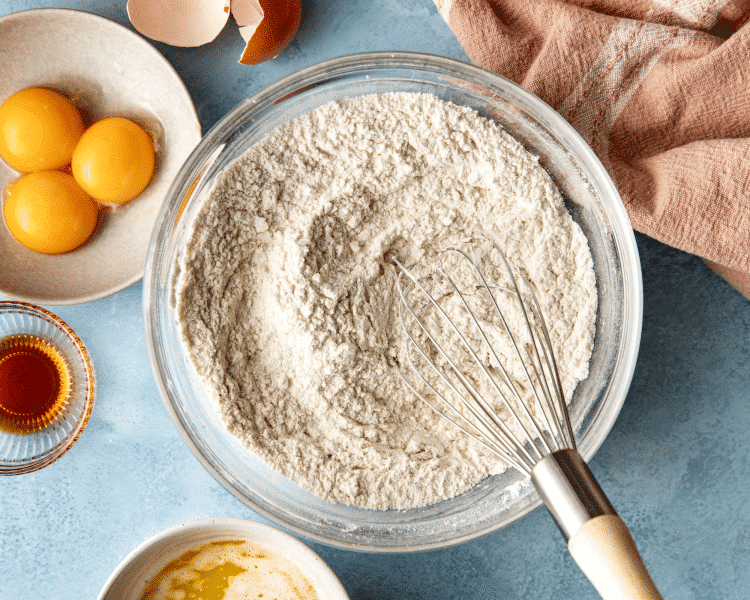 Whisking the dry ingredients together for buttermilk waffles.