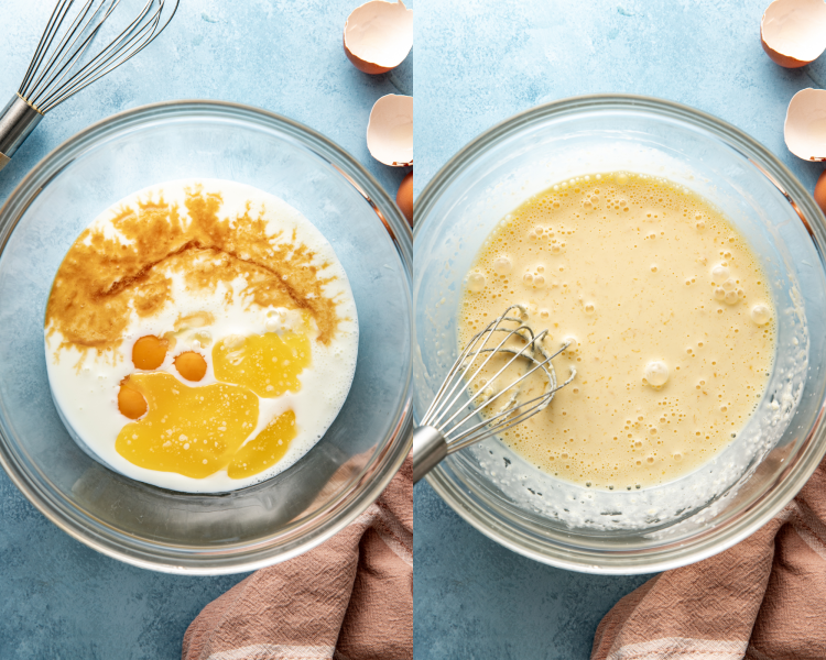 Side-by-side image of whisking together wet ingredients for buttermilk waffles.