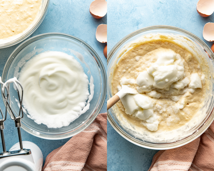Side-by-side image of whipping egg whites in a bowl then folding into waffle batter.