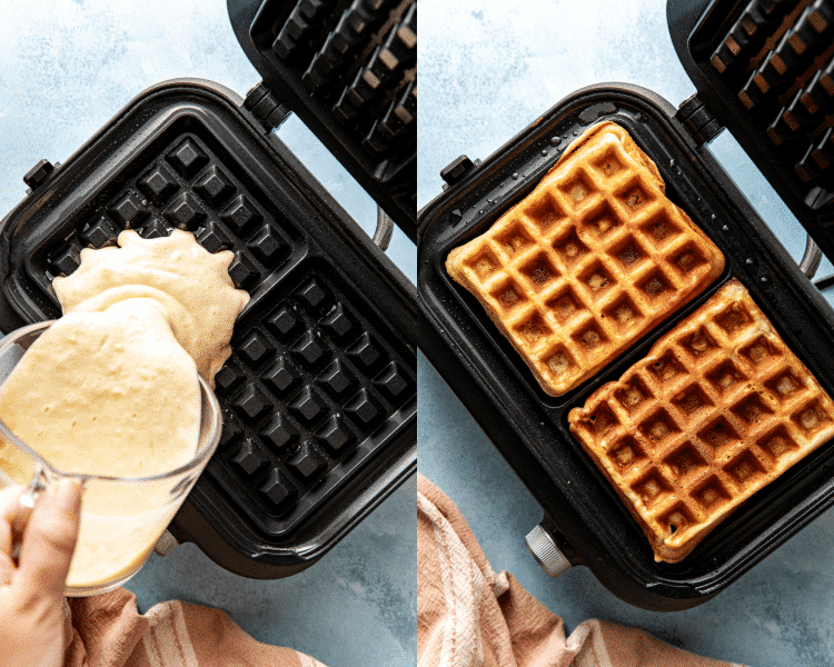 Side-by-side image of pouring waffle batter into hot waffle iron and cooking until golden brown.