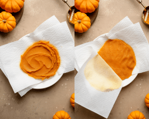 Side-by-side image of using paper towels to blot excess moisture out of pumpkin.