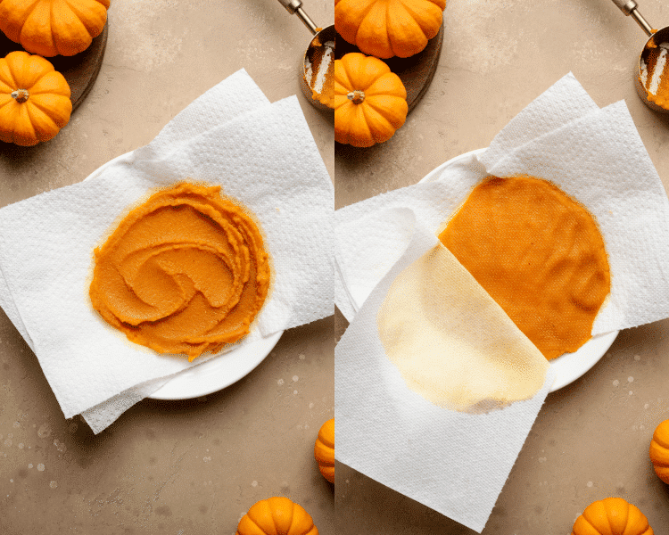 Side-by-side image of using paper towels to blot excess moisture out of pumpkin.