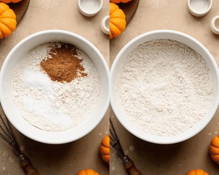 Side-by-side image of whisking dry ingredients together in mixing bowl.