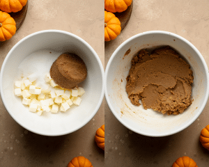Side-by-side image of creaming butters and sugars together in mixing bowl.