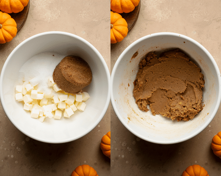 Side-by-side image of creaming butters and sugars together in mixing bowl.