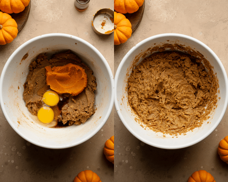 Side-by-side image of adding the remaining wet ingredients to the creamed butter and sugars and mixing until combined.