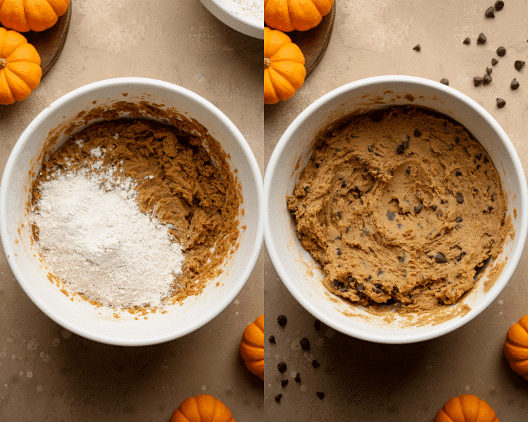 Side-by-side image of adding the dry ingredients and chocolate chips and mixing until combined.