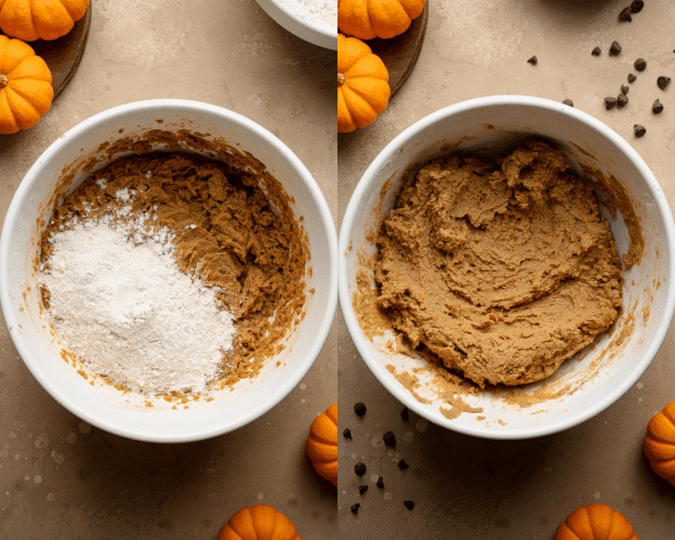 Side-by-side image of adding the dry ingredients to the wet ingredients and mixing until just combined.