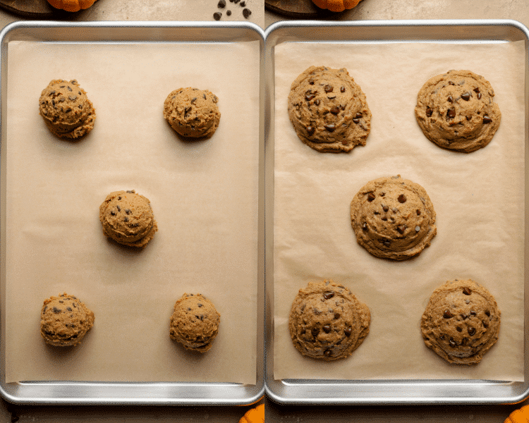 Side-by-side image of cookie dough balls on baking sheet and baking cookies for 12-14 minutes.