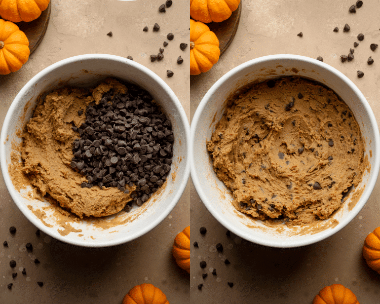 Side-by-side image of adding chocolate chips to cookie dough and mixing until combined.