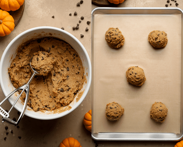 Side-by-side image of scooping cookie dough from mixing bowl and adding to a parchment lined baking sheet.