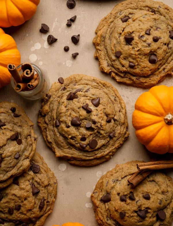 Pumpkin chocolate chip cookies topped with extra chocolate chips on parchment paper.