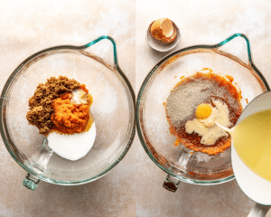 Side-by-side image of mixing together wet ingredients for pumpkin cinnamon rolls.