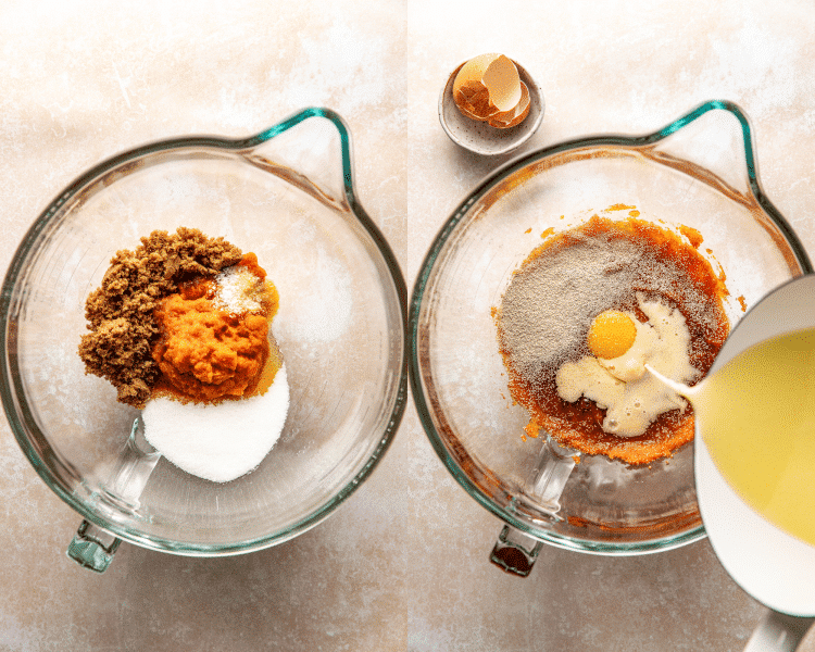 Side-by-side image of mixing together wet ingredients for pumpkin cinnamon rolls.