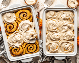 Side-by-side of adding the brown butter frosting to baked and cooled cinnamon rolls.