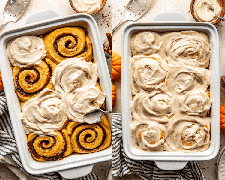 Side-by-side of adding the brown butter frosting to baked and cooled cinnamon rolls.