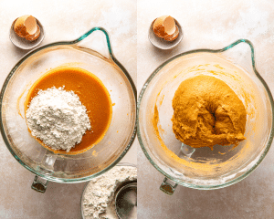 Side-by-side image of adding the bread flour to wet ingredients and mixing until combined for pumpkin cinnamon rolls.