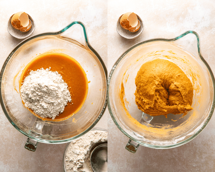 Side-by-side image of adding the bread flour to wet ingredients and mixing until combined for pumpkin cinnamon rolls.