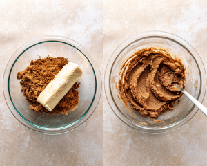 Side-by-side image of combining ingredients in small bowl for bowl sugar filling.