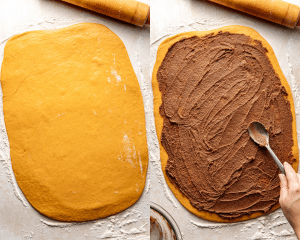 Side-by-side image of rolling pumpkin cinnamon roll dough out then adding brown sugar filling.