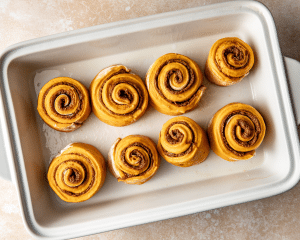 Placing rolled and cut cinnamon rolls in prepared 9x13 baking dish.