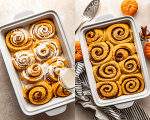 Side-by-side image of adding heavy cream to cinnamon rolls then baking for 20-22 minutes.