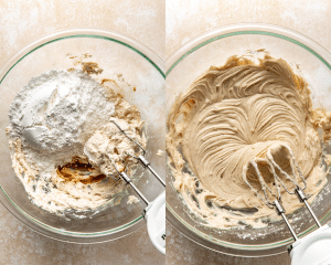Side-by-side image of beating ingredients together for brown butter frosting.
