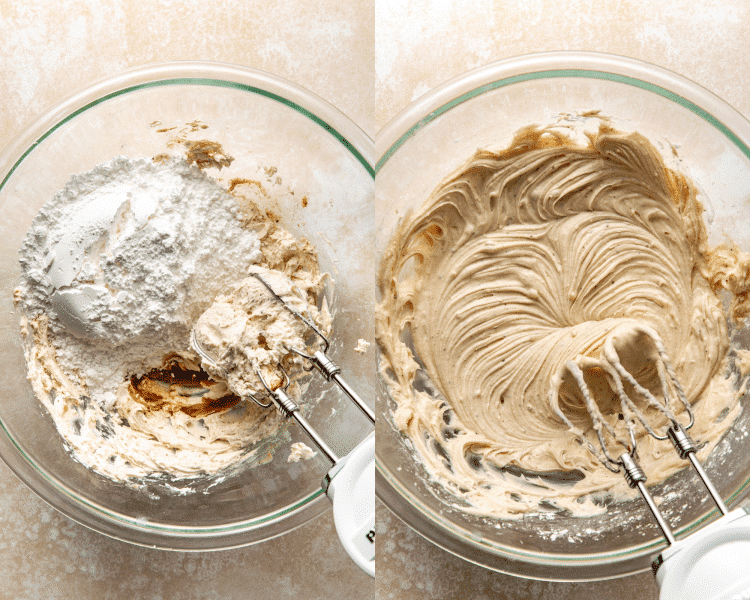 Side-by-side image of beating ingredients together for brown butter frosting.