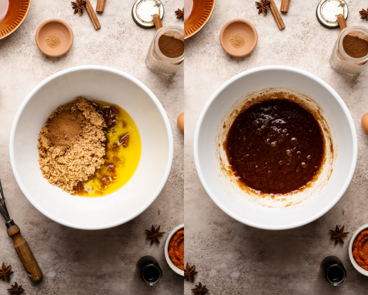 Side-by-side image of mixing brown sugar and butter together to help spices bloom.